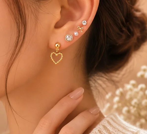 Gold Heart-Bow-Pearl-CZ 8pc Stud set
